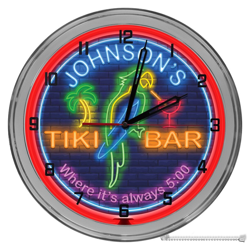 Tiki Bar Neon Clock Sign - Parrot Island Time 5:00 Cocktails, Sports Bar Lamp Art, Novelty Decor
