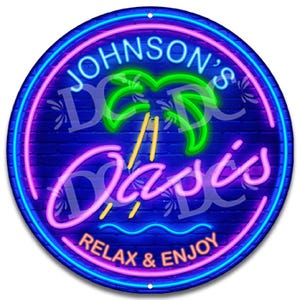 Backyard Oasis Sign, Customized Patio Sign, Neon Themed Tiki Bar Sign, Oasis Signs, Customized Bar Signs, Outdoor Patio Signs,