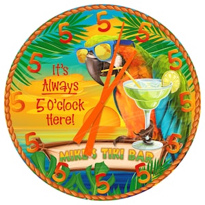 Backyard Patio Tiki Bar Sunset Clock, Patio Bar Décor, Backyard Porch Bar Sign Clock Ideas, Parrot Tiki Bar Clocks,