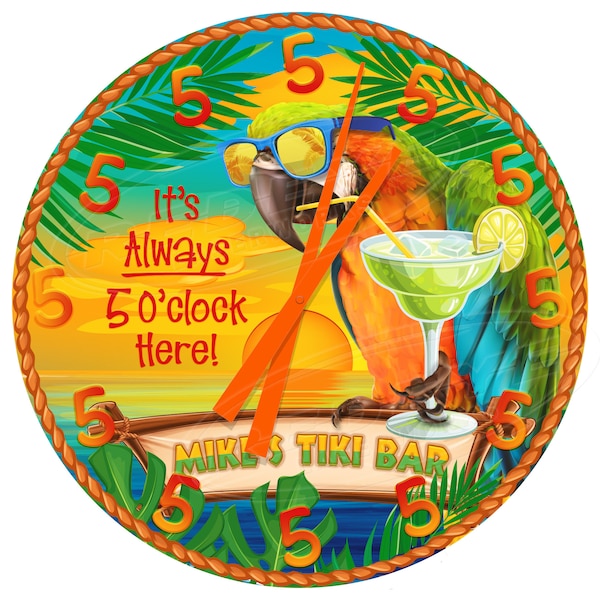 Backyard Tiki Bar Sunset Clock, Patio Bar Décor, Backyard Bar Sign Clock Ideas, Parrot Tiki Bar Clocks, Customized Tiki Bar Clock,