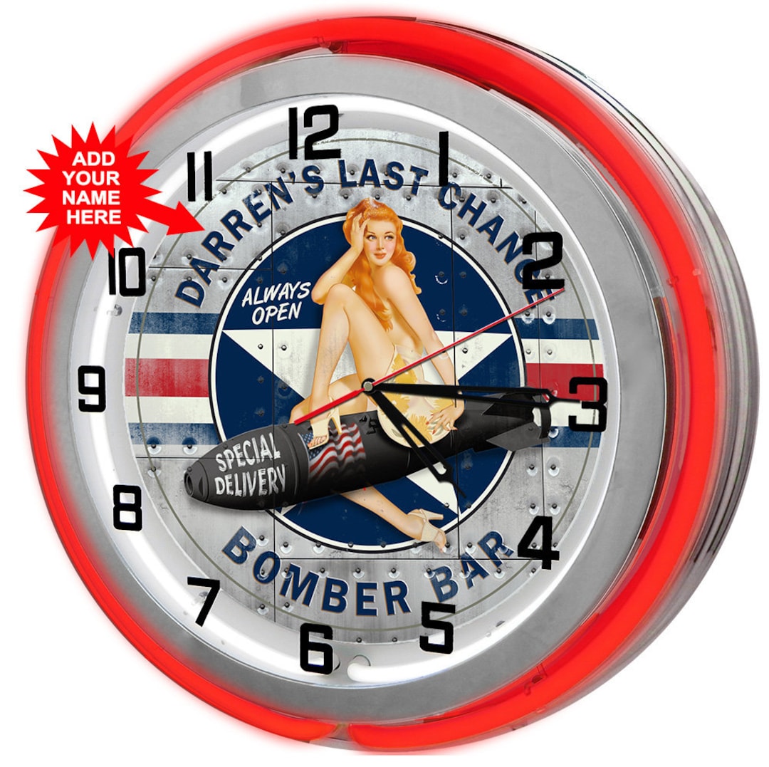 Bomber Bar Vintage 19 Neon Sign Clock, Retro WWII Bomber Clocks