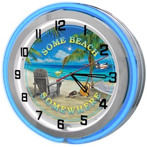 Some Beach Somewhere 19&quot; Neon Clock, Personalize Tiki Beach Bar Beach Sign, Tiki Bar Décor, Tiki Signs, Beach Bar Signs,