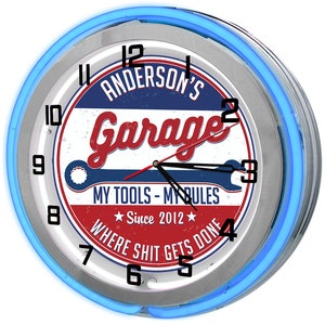 Dad&#39;s Garage 19&quot; Neon Clock Sign Customized, Tools Garage Sign Clocks, Custom Neon Sign Garage Décor, Tool Rules Neon Garage Clock