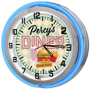 Customizable Diner Neon Clock: Retro Restaurant Sign, 19" Wall Decor Retro Diner Blue