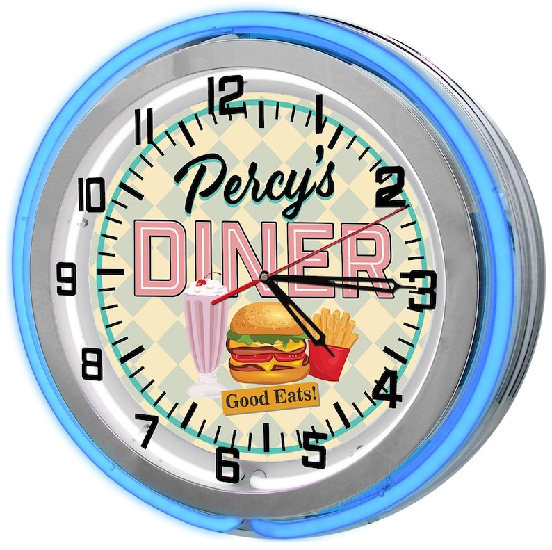 Customizable Diner Neon Clock: Retro Restaurant Sign, 19" Wall Decor Retro Diner Blue