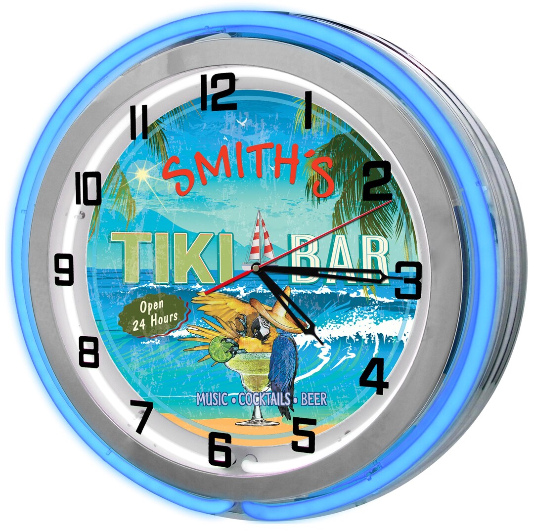 Customizable Tiki Bar Neon Clock, Parrot Paradise, 19