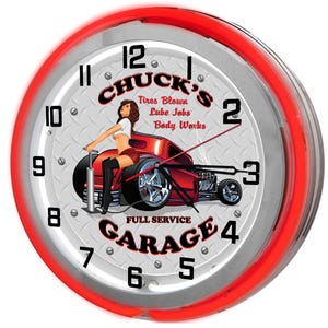 Hot Rod Gas Station 19&quot; Neon Sign Customized, Mechanic Garage Neon Clock, Mechanic Neon Clocks, Body Shop Clock, Hot Rod Shop Signs,