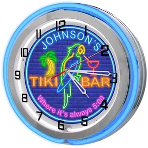 Parrot Tiki Bar 19&quot; Neon Sign Clock, Always 5 O&#39;clock Neon Clock, Tiki Bar Neon Clocks, Light Up Wall Clocks, Neon Parrot Wall Clock
