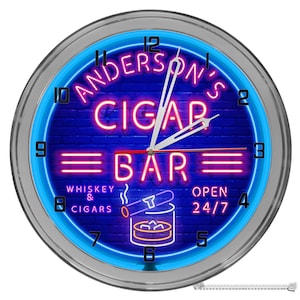 Cigar Bar 16" Neon Clock, Custom Burboun Bar Clock, Neon Light Up Bar Clock, Beer Neon Clock, Neon Cigar Bar Man Cave Decor
