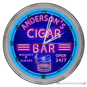 Cigar Bar 16&quot; Neon Clock, Custom Burboun Bar Clock, Neon Light Up Bar Clock, Beer Neon Clock, Neon Cigar Bar Man Cave Decor