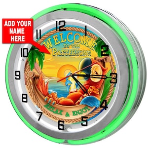 Tiki Bar Paradise Custom 19" Neon Clock, Personalize Tiki Beach Bar Parrot Sign, Tiki Bar Décor, Tiki Signs,