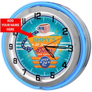 Diner Restaurant 19&quot; Neon Sign Clock, Retro Diner Clocks, Vintage Diner Signs, Custom Restaurant Signs, Neon Kitchen Signs, Retro Neon Signs