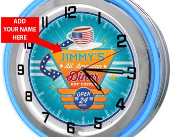 Personalized Diner Neon Clock, Retro Kitchen Sign, 19" Wall Clock