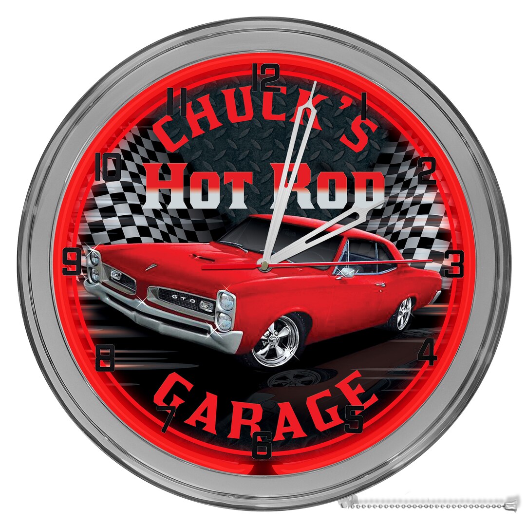 Customized Hot Rod Garage Light up 16 in Neon Clocks, Custom Neon