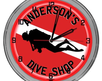 Scuba Dive Shop Neon Clock: 16 Inch Light Up Diver Sign