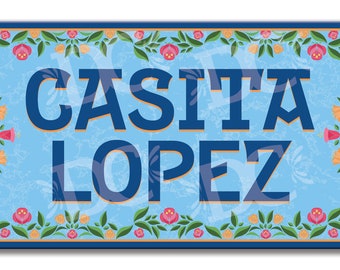 Personalized Ceramic Address Plaque: Floral Hispanic Home Welcome Sign