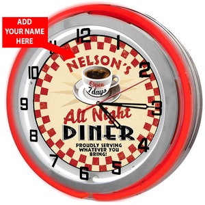 Customizable Diner Neon Clock: Retro Restaurant Sign, 19" Wall Decor