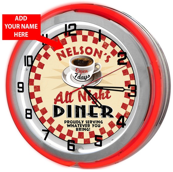 Customizable Diner Neon Clock: Retro Restaurant Sign, 19" Wall Decor