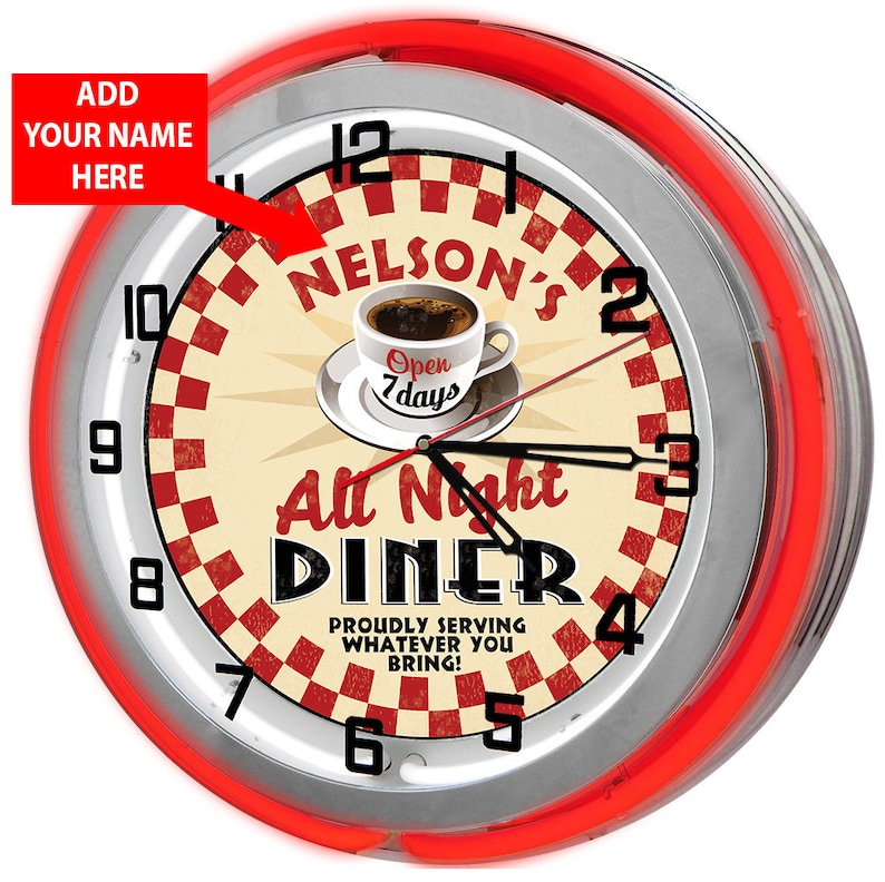 Customizable Diner Neon Clock: Retro Restaurant Sign, 19" Wall Decor Red