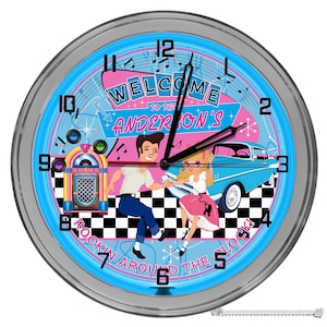 Retro 50&#39;s Neon Clock, Retro Neon Clocks, Nostalgic Neon Clocks, 50&#39;s Diner Neon Clock, Rock N Roll Neon Sign, Sock Hop Clocks, 50&#39;s Decor