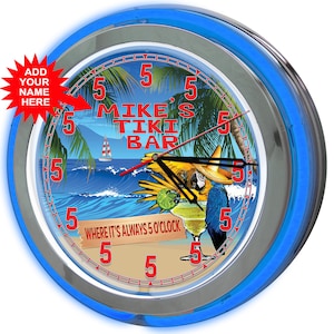 Parrot Tropical Beach Tiki Bar 19&quot; Neon Sign Clock, Always 5 O&#39;clock Neon Clock, Tiki Bar Neon Clocks, Light Up Wall Clocks,