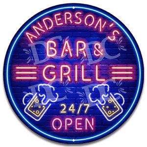 Bar & Grill Neon Themed Custom Sign, Restaurant Neon Themed Sign Customized, Bar Signs, Grille and Bar Sign Personalized