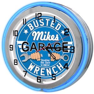 Busted Wrench Repair Shop 19&quot; Neon Clock, Dad&#39;s Garage Clock, Mechanic Clocks, Auto Body Clocks, Automotive Clocks, Car Repair Clocks,