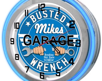 Busted Wrench Repair Shop 19" Neon Clock, Dad's Garage Clock, Mechanic Clocks, Auto Body Clocks, Automotive Clocks, Car Repair Clocks,