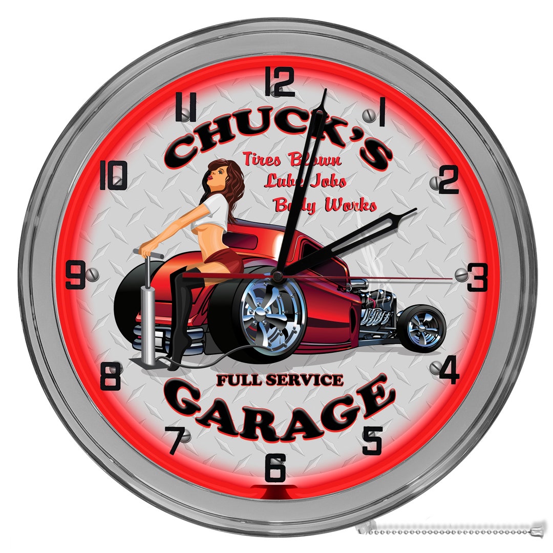 Customized Garage Repair 16 in Neon Clock, Mechanic Garage Clock, Man's