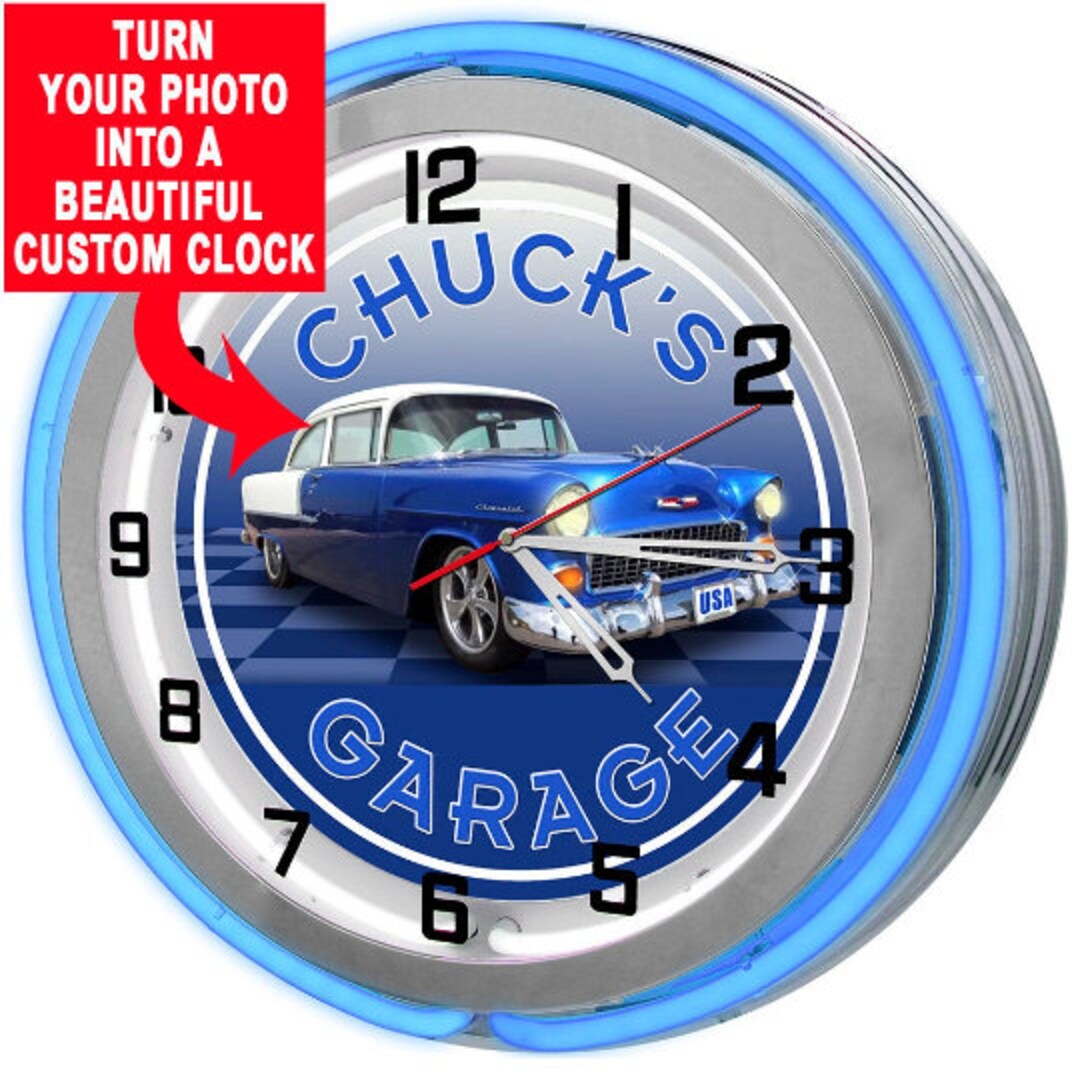 Customized Neon Sign Garage 19 Clock, Personalized Automotive Garage Neon Clock, Garage Decor