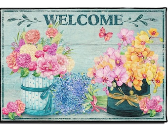 Floral Garden Welcome Mat, Colorful Flowers Front Porch Decor