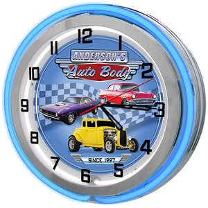 Auto Body Shop Customized 19&quot; Neon Garage Clock, Hot Rod Neon Clocks, Speed Shop Garage Signs, Customized Garage Clocks, Neon Garage Signs