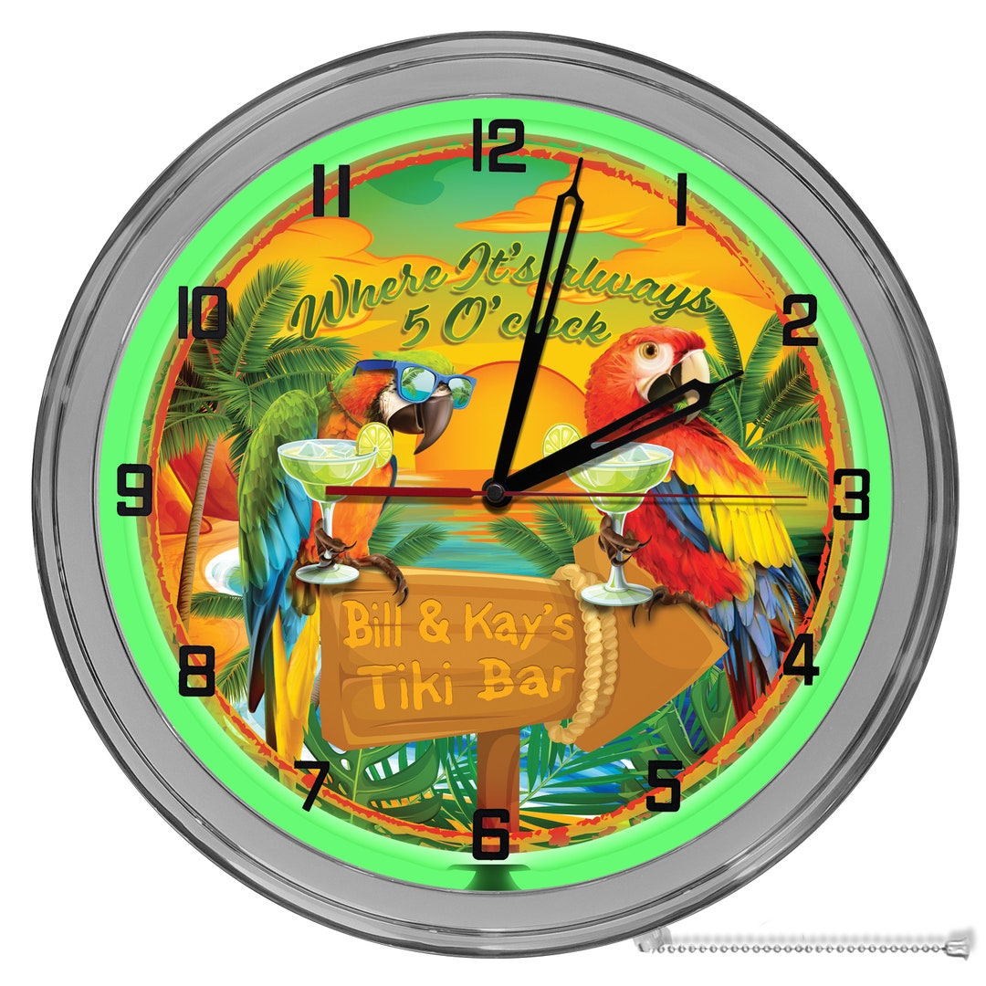Custom Margarita Bar 16 in Clocks, Parrot Tiki Bar Clocks, Tiki