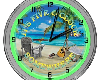 Five O'clock Somewhere 16 In Neon Clock, Tiki Bar Neon Porch Sign, Neon Light Up Beach Bar Sign, Five O'clock Somewhere Light Up Signs