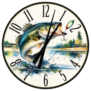 May include: A round clock with a white face and black numbers. A largemouth bass is jumping out of the water, with a fishing lure in its mouth. The clock hands are black and point to the 12 and the 3.