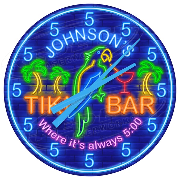 Tiki Bar Parrot Blue Themed Clock, Backyard Paradise Clock, Patio Bar Clock, Tiki Bar Clock, Always 5 O'clock, Tiki Bar Bar Clock,