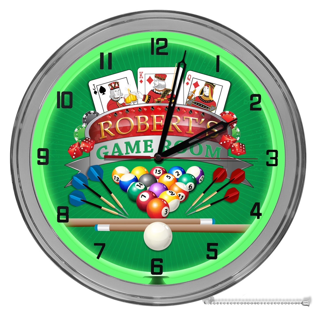 Game Room Customized 16 in Neon Clocks, Pool Room Clocks, Sports Room