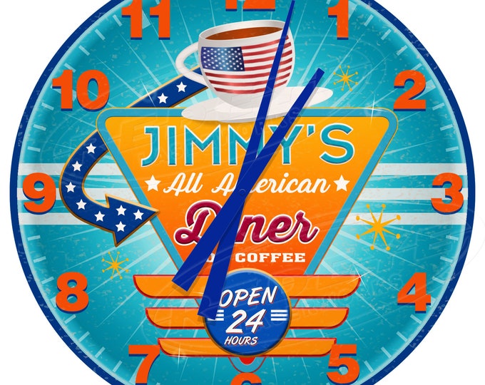 Vintage Diner Clock Personalized, Restaurant Diner Clock, Retro Diner Clock, Drive In Diner Clock, 50's Clocks, Custom Kitchen Clocks