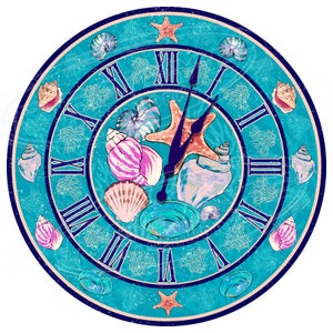 May include: A turquoise blue clock face with Roman numerals and seashell designs. The clock hands are black and the clock face has a distressed look.