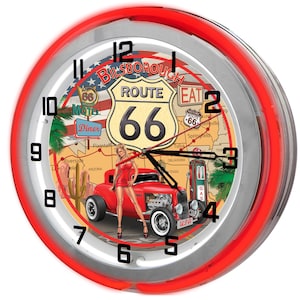 Route 66 Customized 19&quot; Neon Garage Clock, Hot Rod Neon Clocks, Route 66 Garage Signs, Customized Garage Clocks, Neon Garage Signs