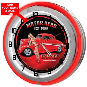 Hot Rod Garage Red 19&quot; Neon Sign Clock, Pin Up Girl Neon Garage Clocks, Custom Neon Garage Clocks, Neon Light Signs