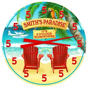 Margarita Bar Wall Clock Personalized, Always 5 O&#39;clock Tropical Beach Clock, Five O&#39;clock Somewhere Clock, Backyard Porch Oasis Clock