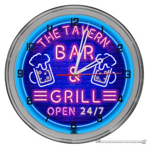 Bar and Grill 16&quot; Neon Clock, Custom Bar Clock, Neon Light Up Bar Clock, Beer Neon Clock, Neon Bar Light Up Sign, Bar and Grill Decor