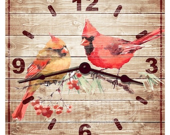 Reloj de pájaro cardenal, decoración de cabaña de vida silvestre, cuadrado de 30 cm