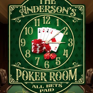 May include: A green and gold poker room clock with the text "THE ANDERSON'S POKER ROOM". The clock face features playing cards, poker chips, and dice. The clock hands point to 2 o'clock. The text "ALL BETS PAID" is at the bottom.