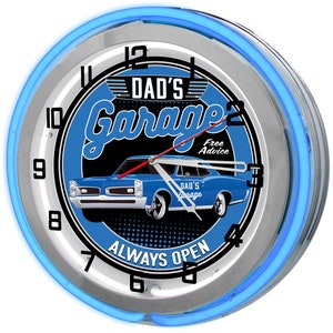 Dad&#39;s Garage Light Up Neon Wall Clock, Hot Rod Garage Neon Clock, Vintage Neon Hot Rod Clock, Retro Muscle Car Light Up Clock