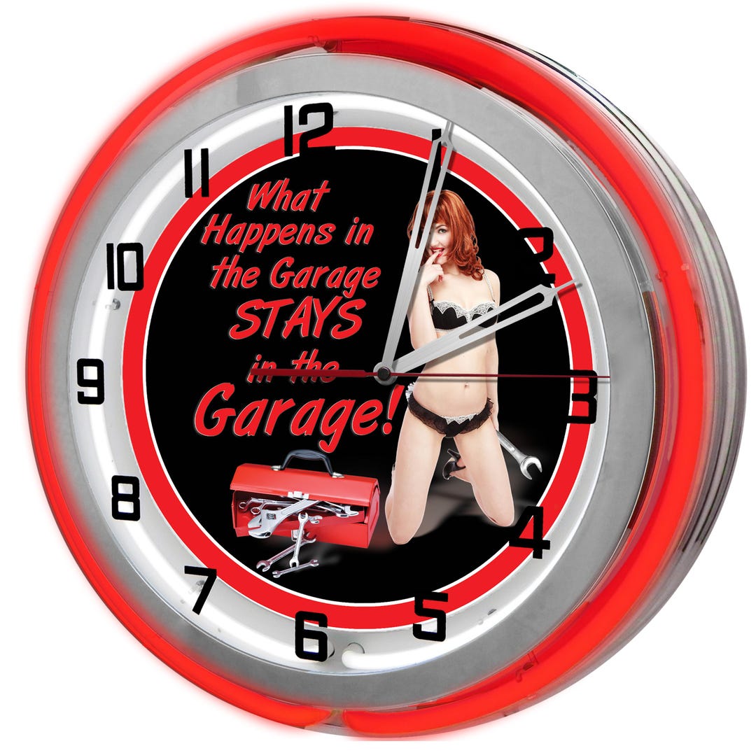 Tool Rules Neon Garage Clock, Pin up Girl, 19