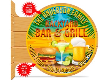 Backyard Bar & Grill Double Sided Sign, Tiki Bar Personalized Sign, Decorative Bar and Grill Sign, Bar Decor, Backyard Decor