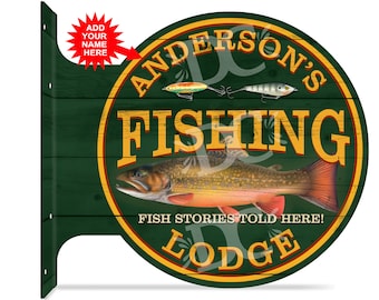Może przedstawiać: Okrągły, zielony drewniany znak z napisem "Anderson's Fishing Lodge" w żółtych literach. Znak zawiera również pstrąga, dwa przynęty wędkarskie i napis "Fish Stories Told Here!" w zielonych literach.