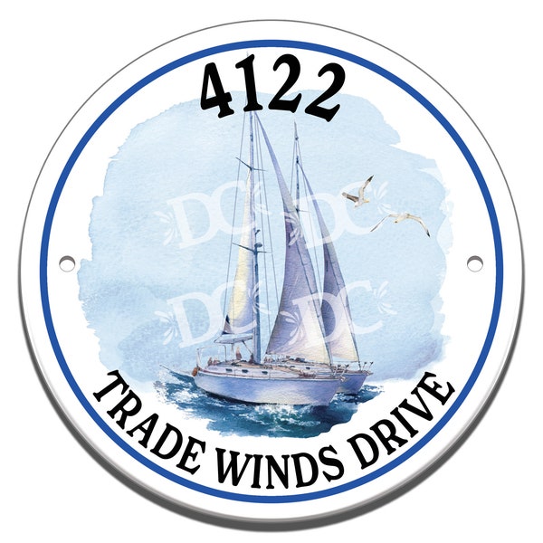 Sailboat Themed Ceramic House Number Circle Tile, Sailing Themed Address Sign, Sailing Themed Address House Sign